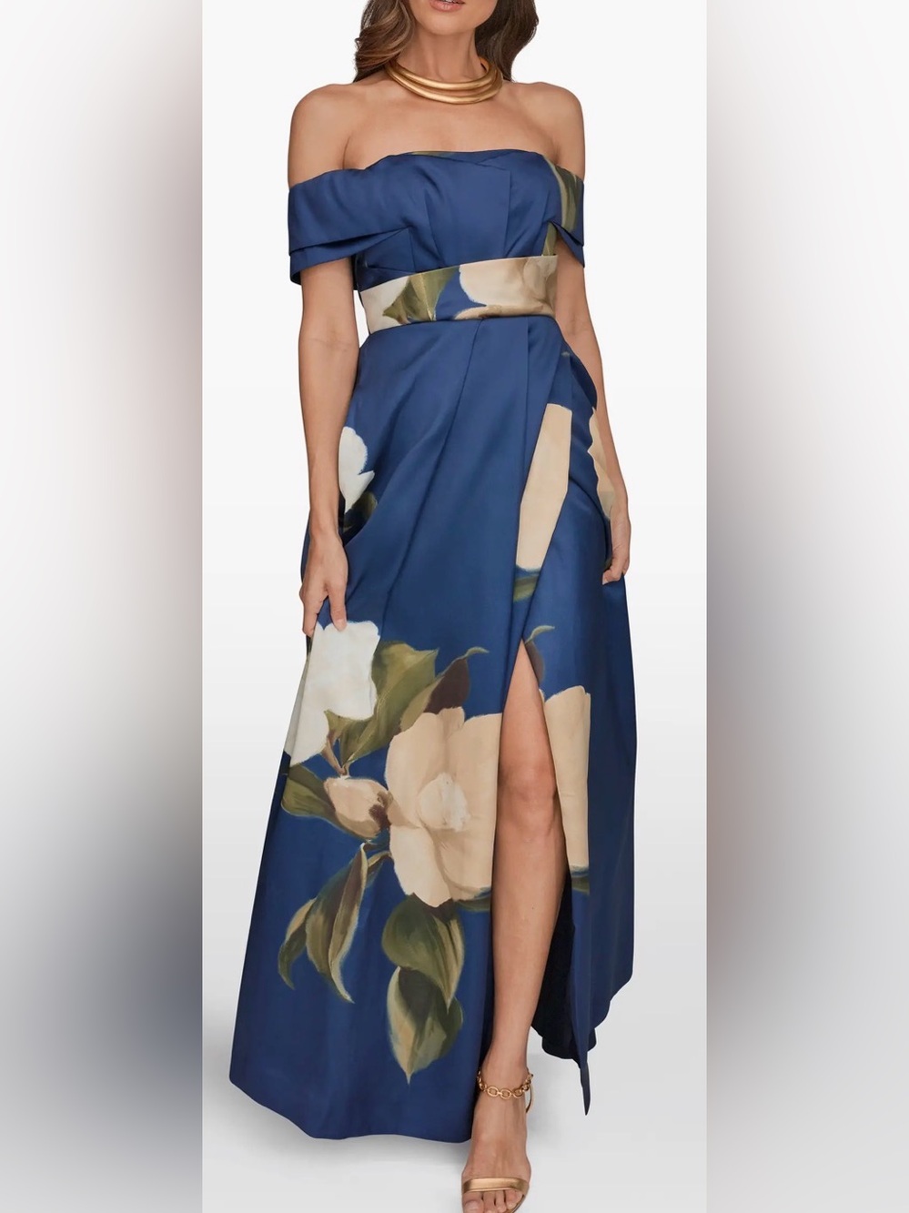Donna Karan Mikado Navy Blue Floral Off-Shoulder Maxi Dress New Without Tags
